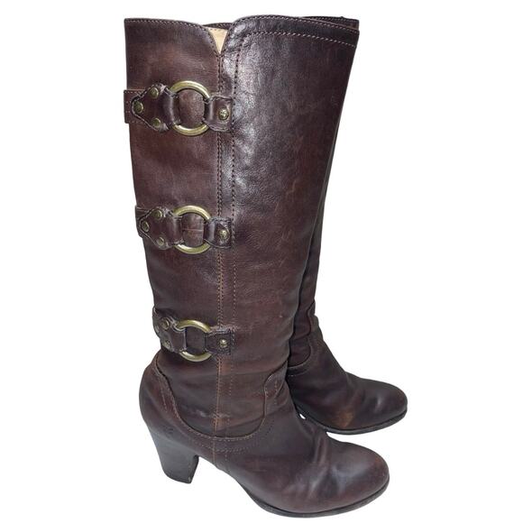FRYE Fiona 3 Strap Brown Leather Tall Heeled Boots     Size: 7M - Picture 1 of 8